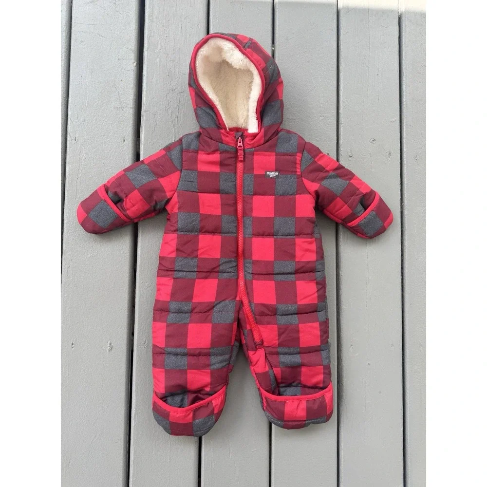 OshKosh B'gosh Baby Plaid Snowsuit Red & Gray 6M Thick‎ Warm Full Coverage